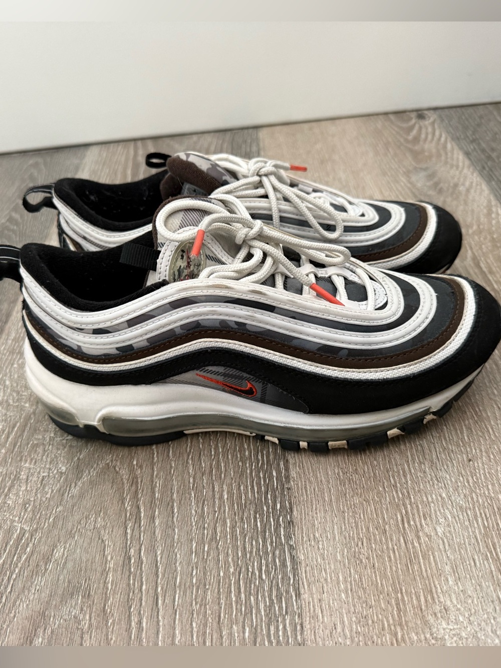 Nike Air Max 97 Sneakers in Black, White & Brown with Orange Accents